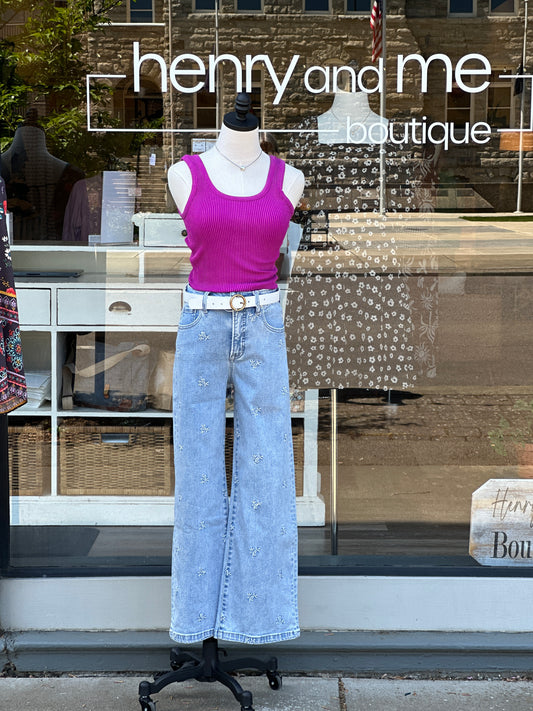 CEDAR CROPPED WIDE LEG EMBROIDERED DENIM